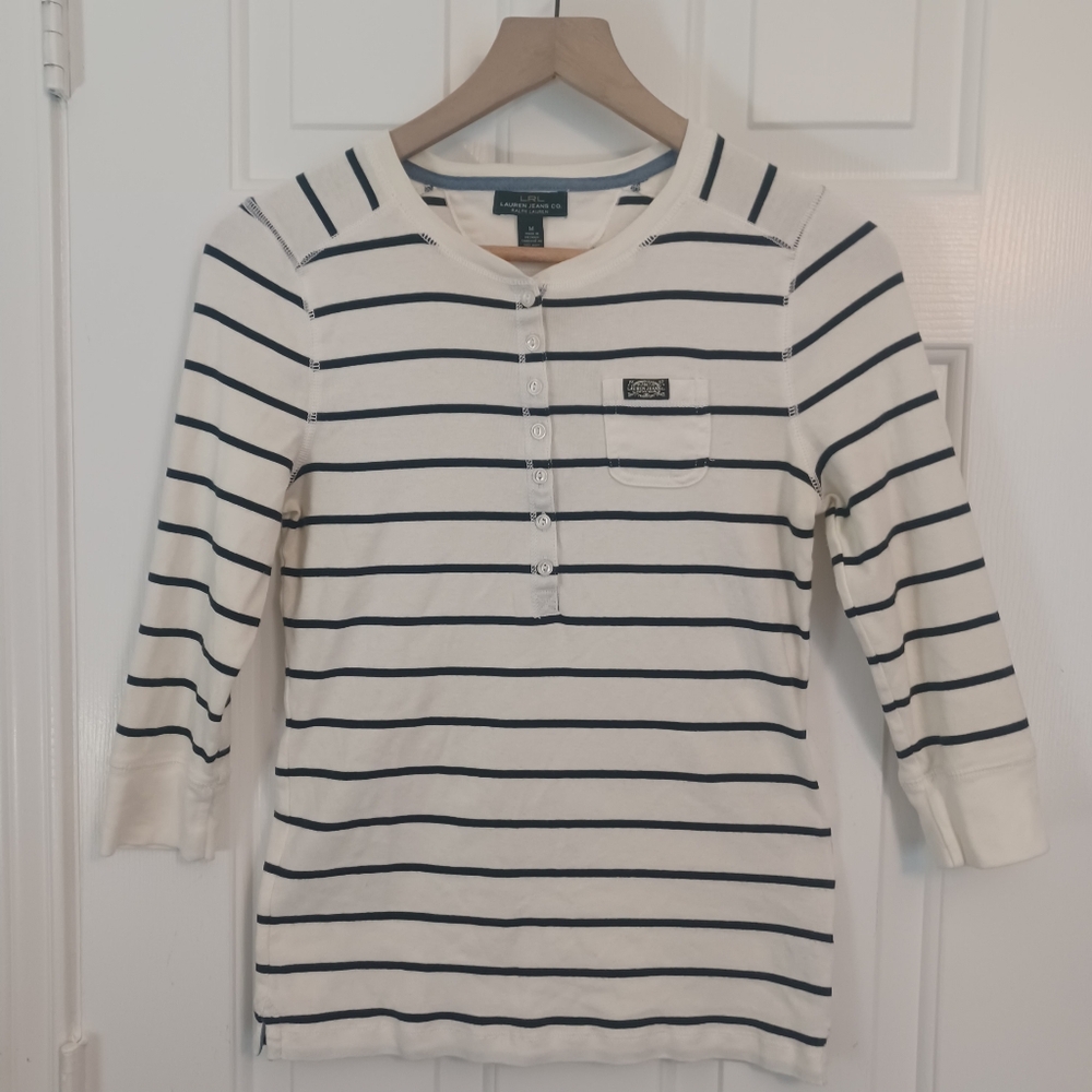LRL Ralph Lauren Jeans Co Stripped Quarter Sleeve Henley Top Sz M